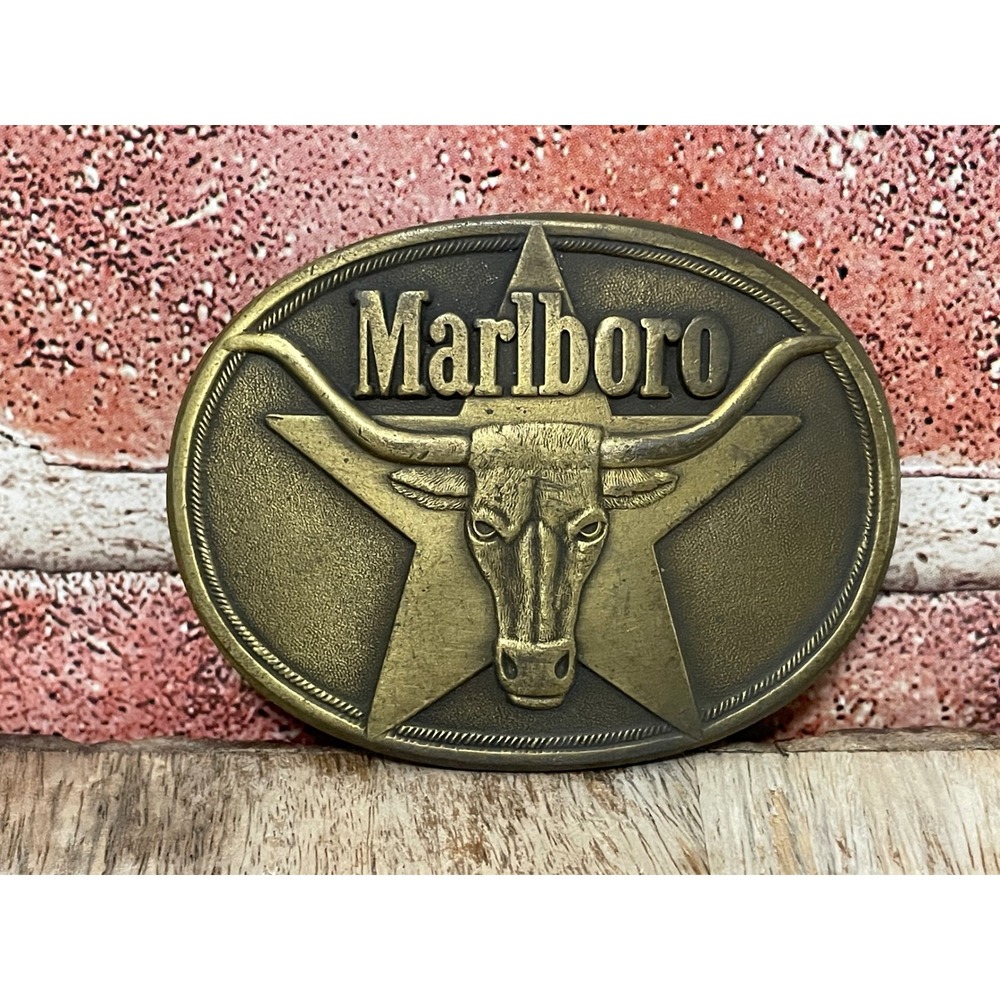 Vintage 1987 Marlboro Solid Brass Belt Buckle Longhorn Steer Star Philip Morris